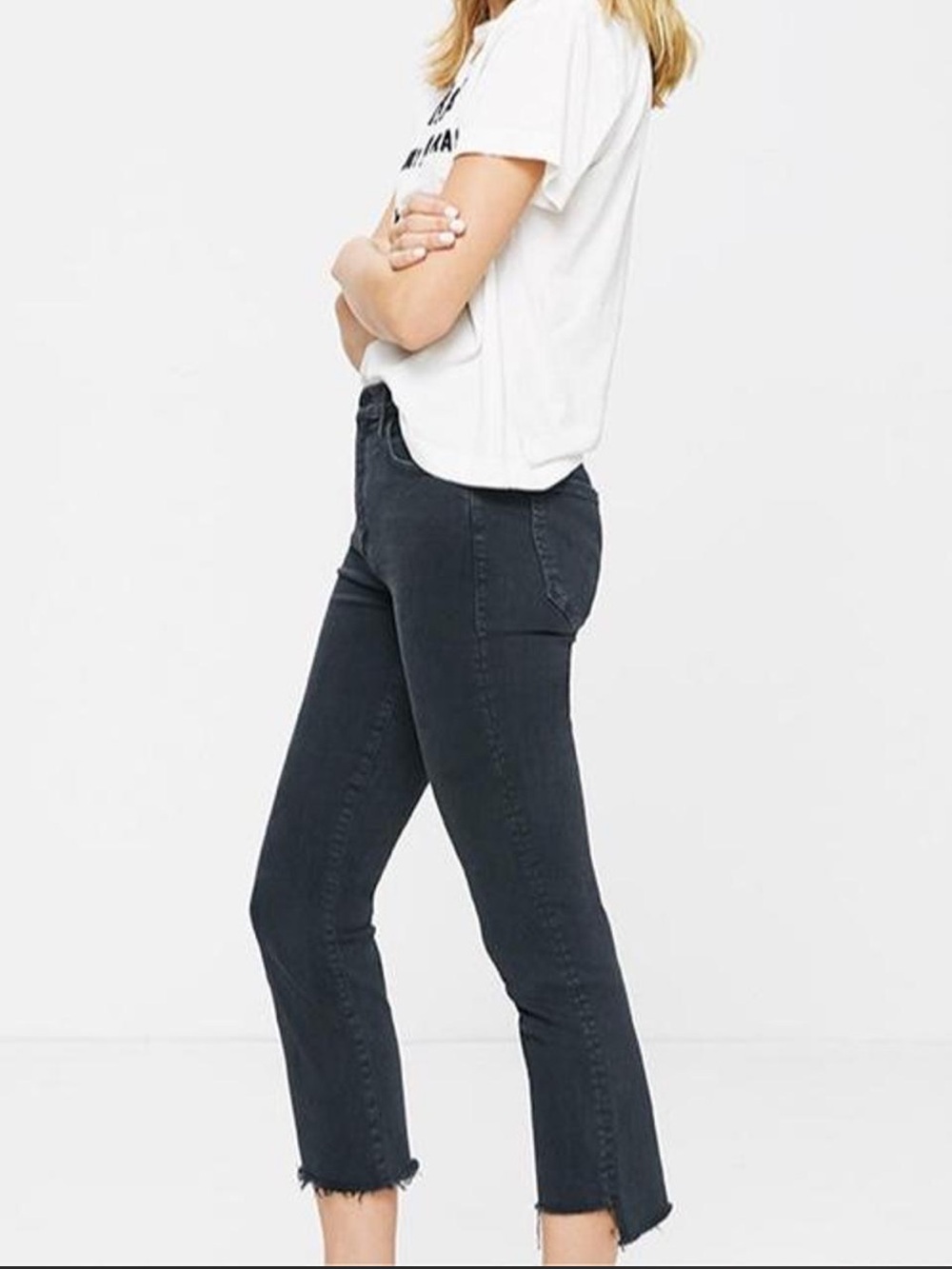 MOTHER The Insider Crop Step Fray Jeans Faded Black Denim